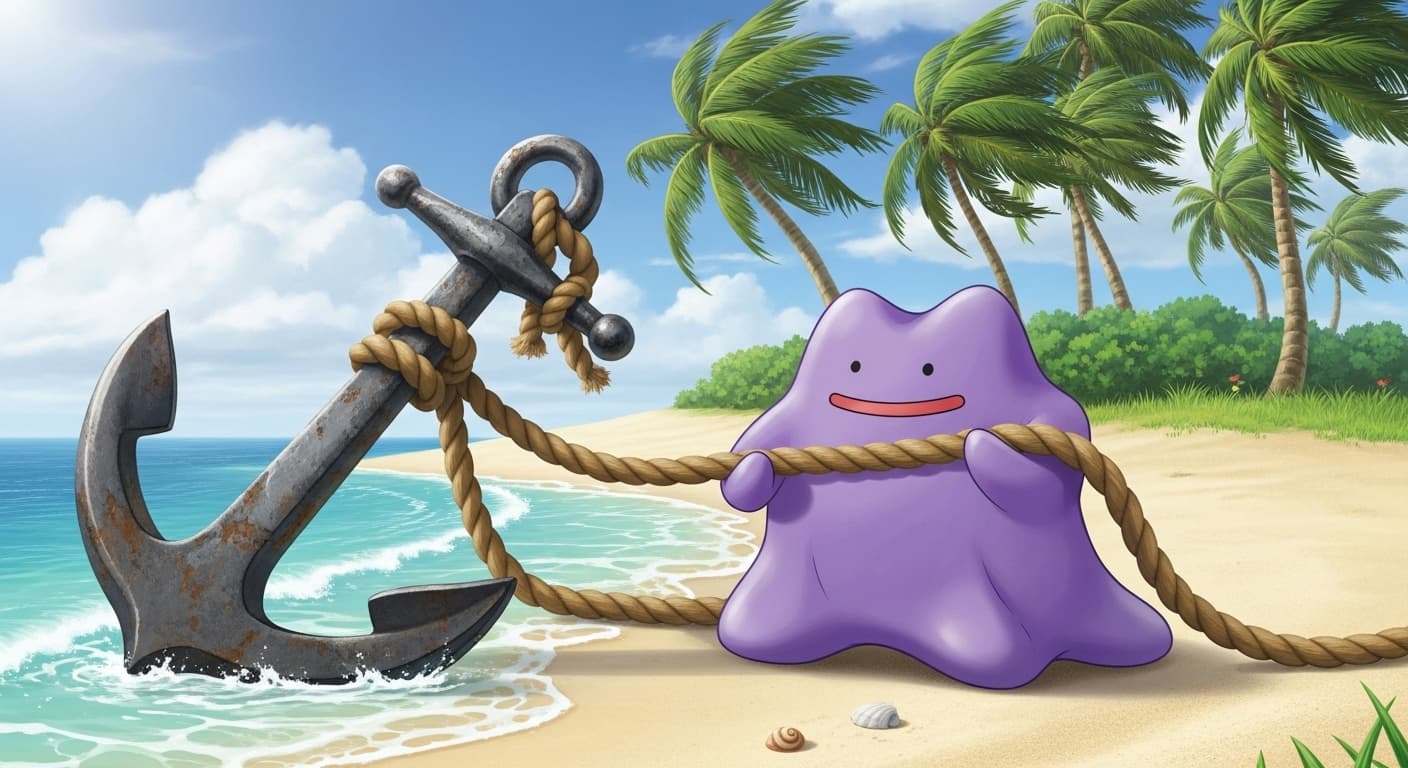 A ditto pokemon holding an anchor on an island
