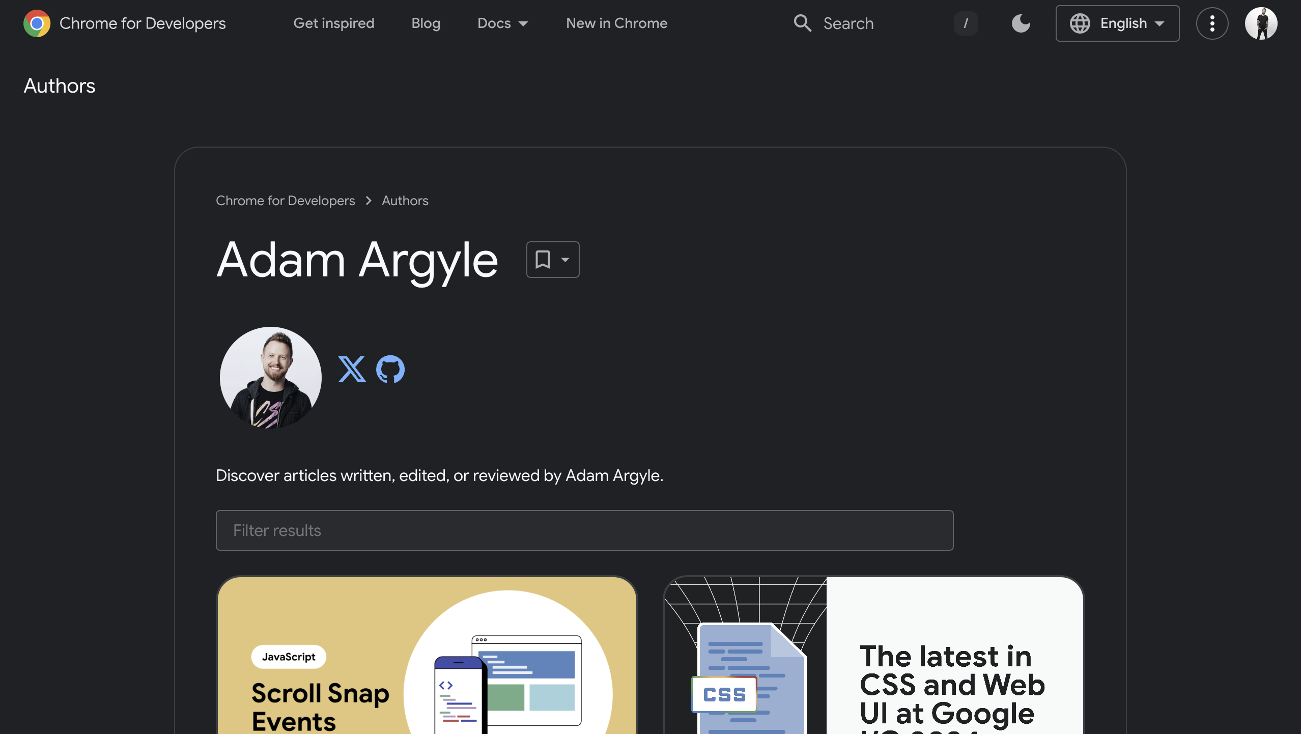 Screenshot of the author page