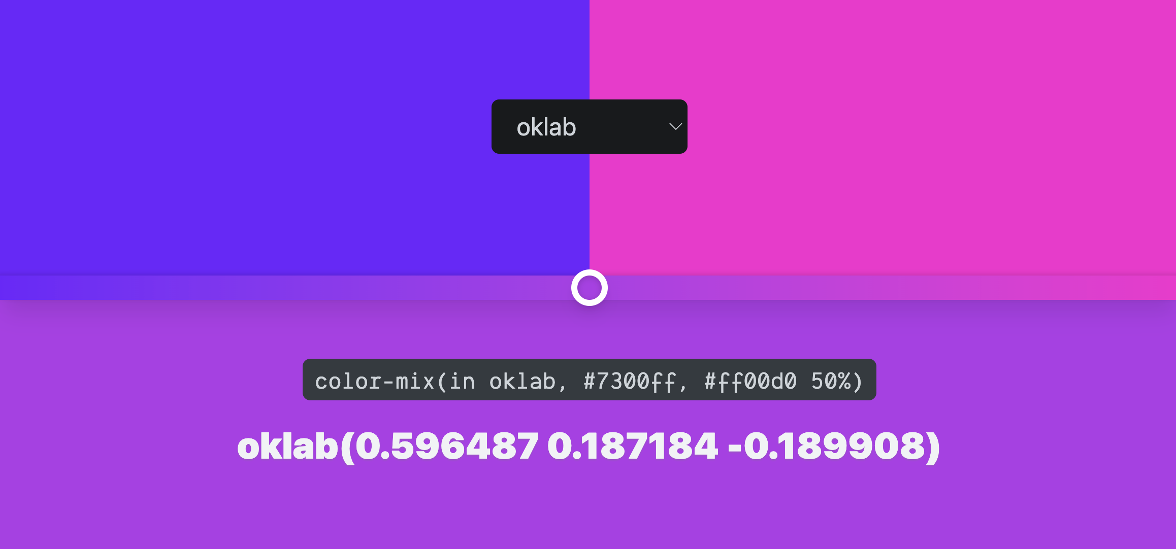 Two color panels are shown on top with the result of their mix, and a code snippet, underneath.