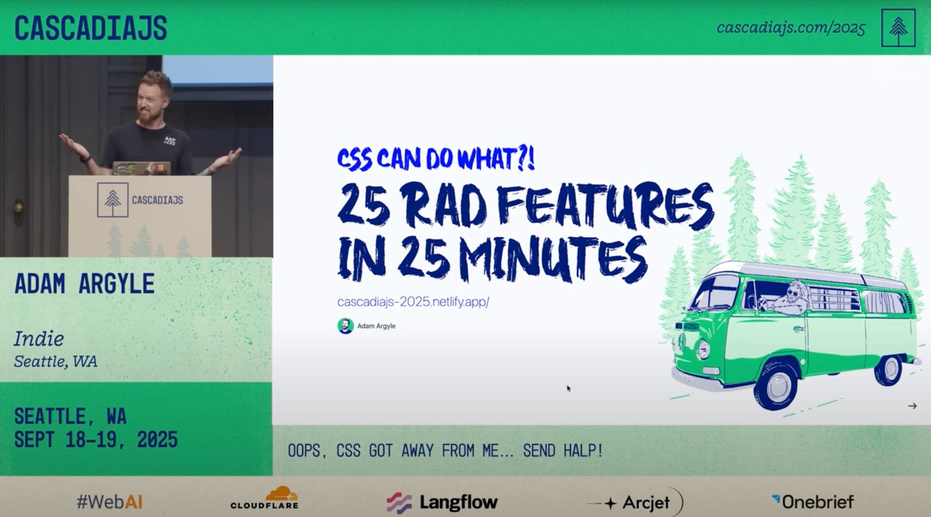 Me on stage at CascadiaJS 2025, a screeshot from the youtube video
