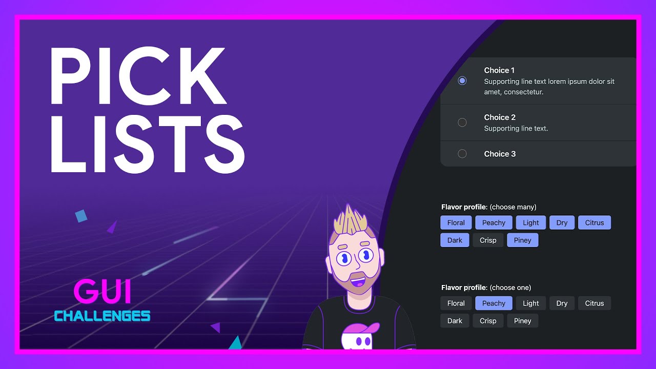 GUI Challenges avatar is next to a piece of CSS code and the title Picklists