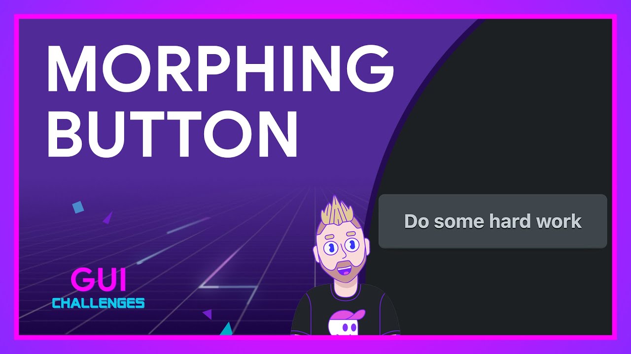 GUI Challenges character next to an example of the button and the title Morphing Button