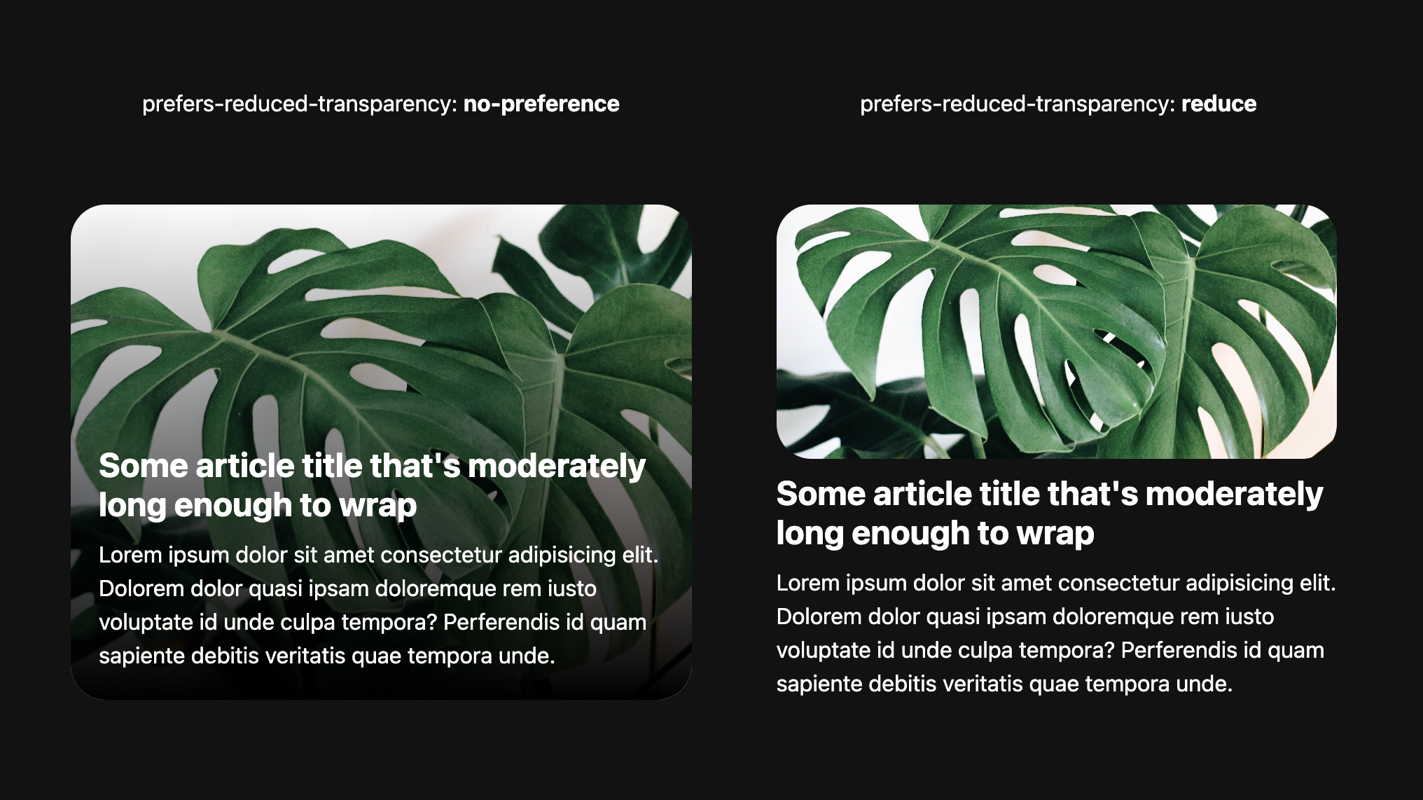 a comparison is shown between a photo of a monstera with a black gradient overlay that has text inside and the same picture above the text, no overlay, no transparency, and very equivalent look