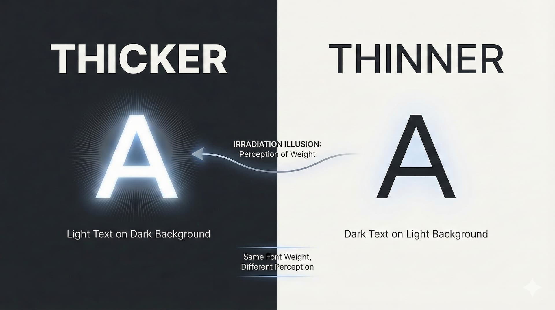 The letter A is shown on white and on dark, as an exaggerated example of the irradiation illusion