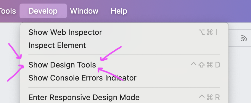 The Orion develop menu opened with arrows pointing at the Design Tools button