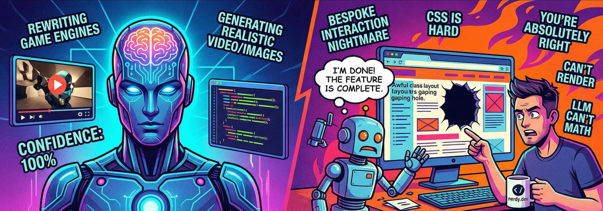 The left panel is titled AI - MASTER OF ENGINE & CREATION and features a sophisticated, human-like android robot with detailed internal circuits and a glowing brain. Floating text around the robot says - REWRITING GAME ENGINES with a small video screen, GENERATING REALISTIC VIDEO/IMAGES with code on a screen, and CONFIDENCE - 100%. The right panel is titled AI - FRONT-END CSS FAIL and shows a cluttered desk with a distressed small robot next to a frustrated human man pointing aggressively at a computer screen. The computer displays a chaotic webpage full of broken layout elements and a giant black void called a gaping hole. The small robot has a speech bubble that says - I'M DONE! THE FEATURE IS COMPLETE. Floating text phrases on the right side are - BESPOKE INTERACTION NIGHTMARE, CSS IS HARD, YOU'RE ABSOLUTELY RIGHT, CAN'T RENDER, LLM CAN'T MATH. The human has a mug with </> and nerdy.dev written on it.